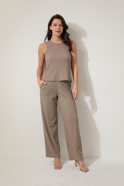 AMİDA Beige Wrapped Sleeveless Blouse and Loose Bottom Set - 2423