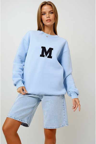 VAGGON Hanorac oversize brodat cu decolteu albastru pentru femei Prm1189