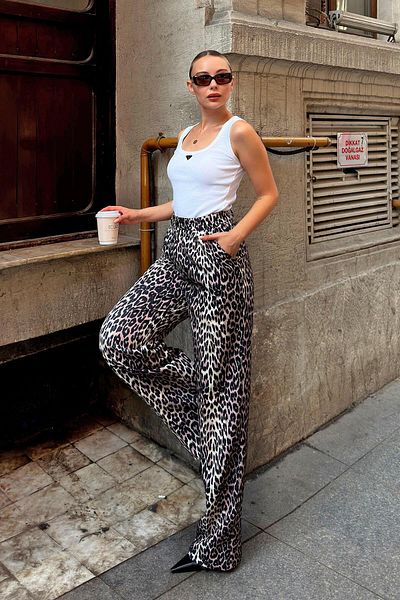 Swist Mink Pix Damen-Palazzo-Hose mit Leopardenmuster, Taschen und Falten, hoher Taille