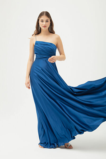 Lafaba Dámské dlouhé saténové večerní šaty s ramínkem indigového kamene