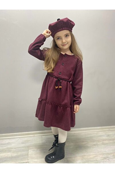 Mnk Baby&Kids Kaşe Kumaş Şapkalı Kız Çocuk Elbise MNK0559 BORDO