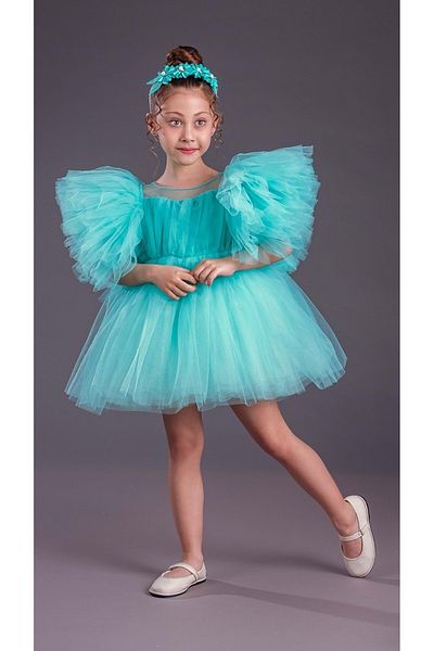 Mnk Baby&Kids Fustă Tutu Maneci umflate Comotini Rochie de seară pentru fetiță Mnk0582 Verde