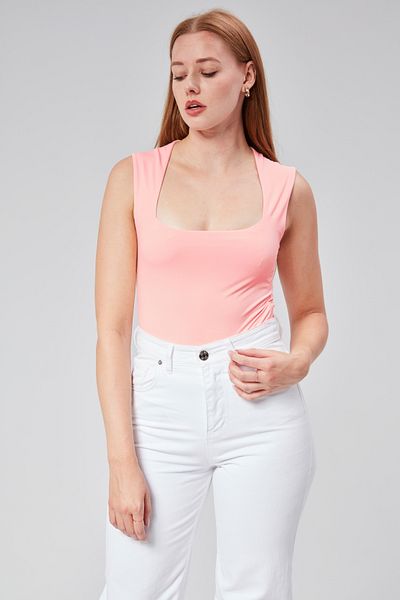 Maison La Femme Puppy Mouth Lined Zero Sleeve Square Collar Low Cut Snap Bodysuit