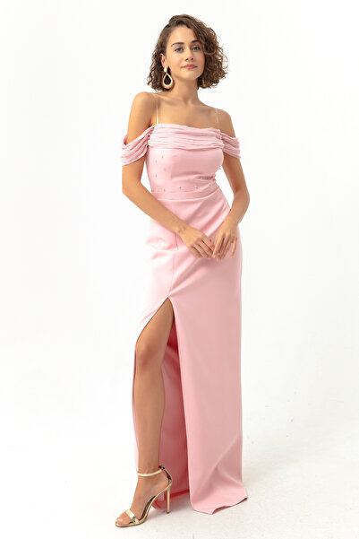 Lafaba Dámské dlouhé večerní šaty na pudrový člun s perleťovým výstřihem