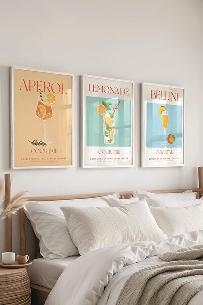 Postifull Çerçeveli Tablo Seti, 3 Adet Beyaz Çerçeve ve Kokteyl Çizim Temalı ...