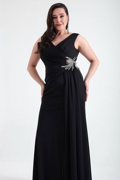 Lafaba Rochie de seară neagră de damă, cu guler dublu, cu bijuterii
