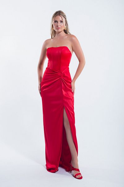 Lafaba Red Satin Long Evening Dress - Double Breasted and Corset Detailed