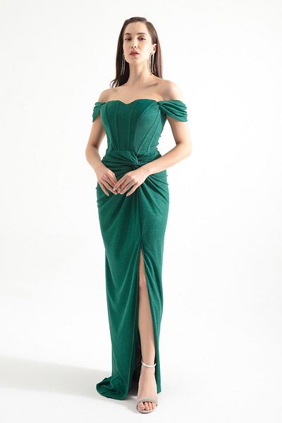 Lafaba Women's Emerald Green Double Breasted Lined Corset Detailed Long Glitter Evening Dress