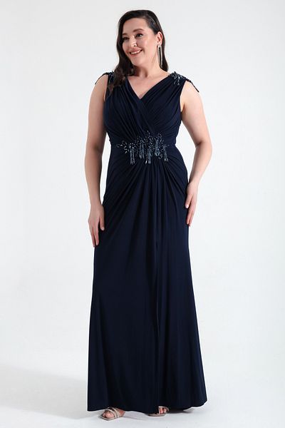 Lafaba Women's Navy Blue V-Neck Shoulders Stone Detailed Large Size Long Evening Dress