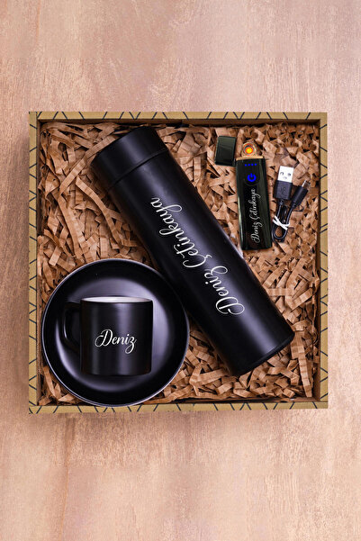 TrendHediye Kişiye Özel Siyah Fincan Seti, USB'li Elektronik Çakmak, 450 ML T...