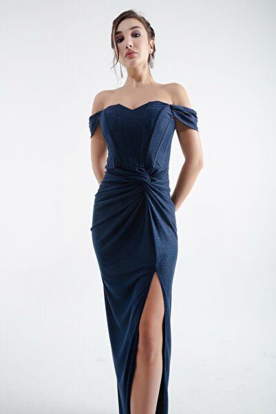 Lafaba Női sötétkék duplasoros bélelt fűző részletesen hosszú csillogó estélyi ruha