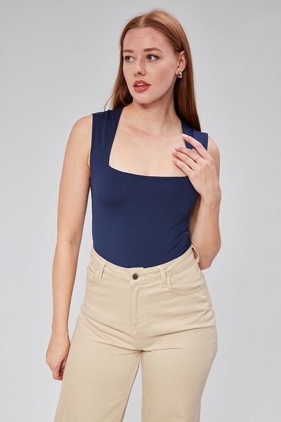 Maison La Femme Μπλε μπλέ φόδρα με μηδενικό μανίκι τετράγωνο λαιμόκοψη Φορμάκι με κουμπωτά