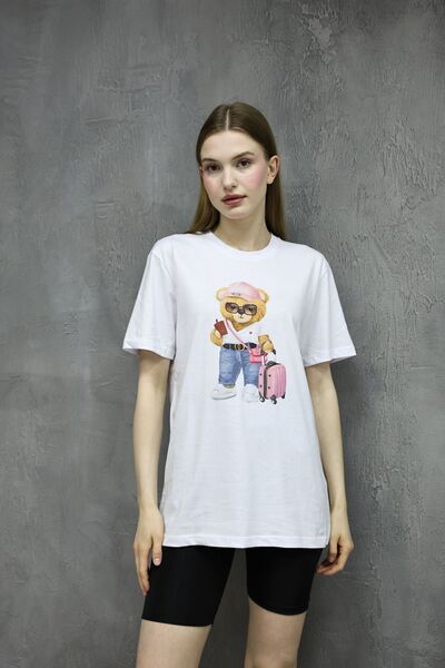 DK DAKSEL Beyaz Renk Oversize Teddy Bear Baskılı Kadın Tişört