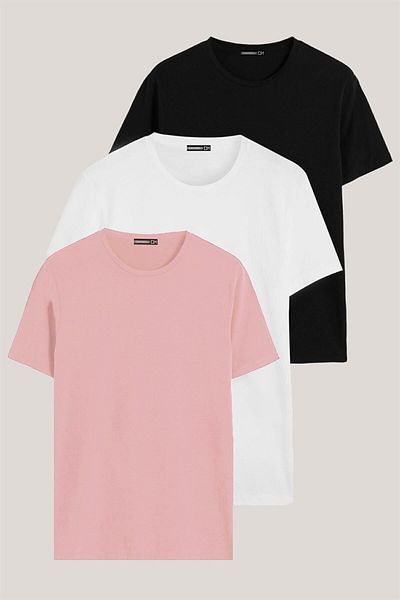 DK DAKSEL Μαύρη Λευκή Πούδρα Χρώμα Relaxed Fit Cotton Ανδρικό T-shirt 3 Συσκευασία