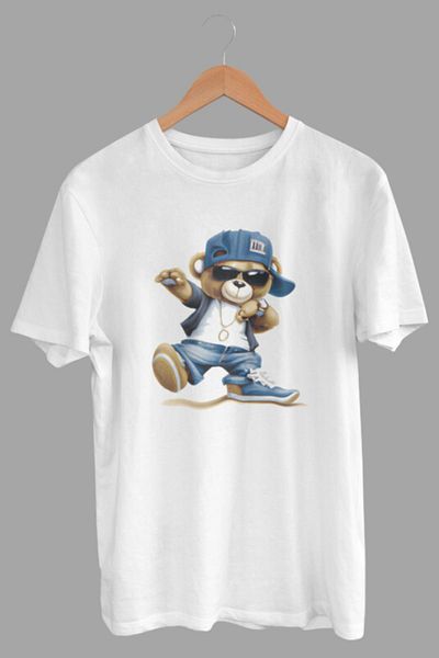 DK DAKSEL Tricou pentru bărbați cu imprimeu de bază cu ursuleț de pluș de culoare albă