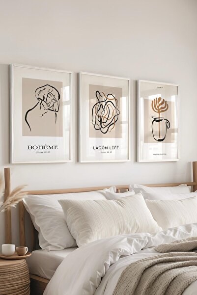 Postifull Set de pictură cu cadru, 3 bucăți de cadru alb și set de poster cu temă minimalistă cu desen manual, nr:300565