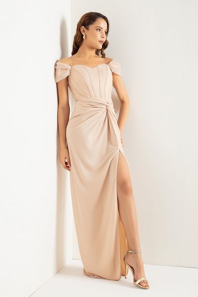 Lafaba Beiges zweireihiges, gefüttertes, langes Glitzer-Abendkleid für Damen mit Korsett-Detail
