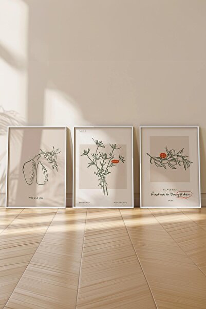 Postifull Çerçeveli Tablo Seti, 3 Adet Beyaz Çerçeve ve Minimalist Botanik Temalı Poster Seti, No:300470
