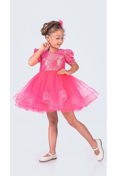 Mnk Baby&Kids Rochie Kikidi cu mânecă scurtă cu paiete pentru fetiță cu fustă verde tutu MNK0601 FUCHIA