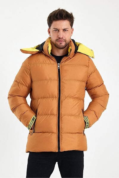 Avones Men's Sleeve Adjustable Inner Pocket Puffer Jacket with Hood and Zipper