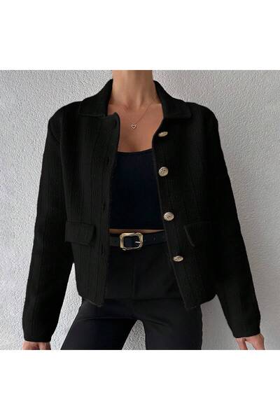 Puella Blazer cu buzunar cu nasturi aurii pentru femei/Jachetă crop din tweed...