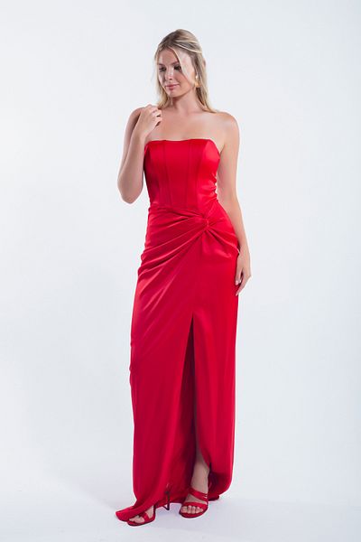 Lafaba Red Satin Long Evening Dress - Double Breasted and Corset Detailed