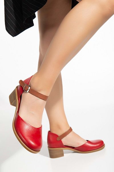 ANALİN SHOES Red Genuine Leather Closed Toe Ankle Strap Women's Sandals