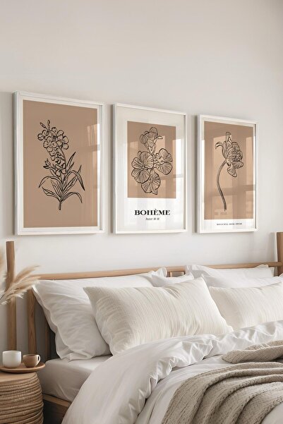 Postifull Çerçeveli Tablo Seti, 3 Adet Beyaz Çerçeve ve Minimalist Çizim Tema...