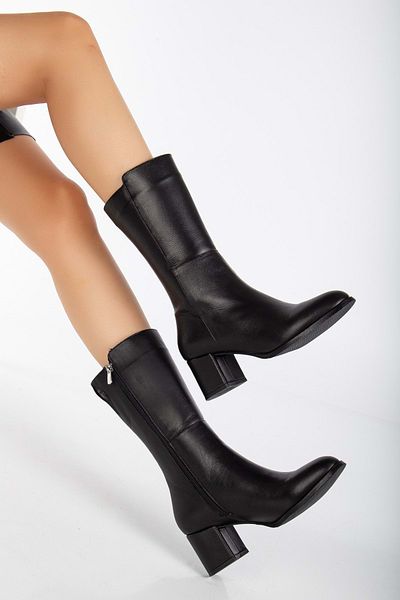 ANALİN SHOES Μαύρες γυναικείες μπότες με τακούνι από γνήσιο δέρμα