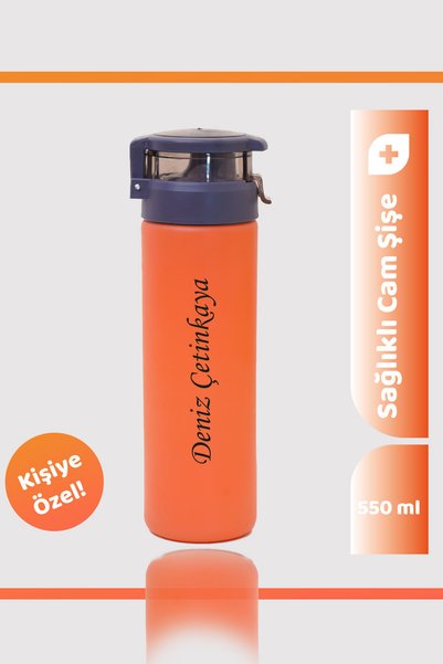 TrendHediye 550ml Kilitli Kapak Turuncu Renkli Cam Şişe Kişiye Özel Matara & ...
