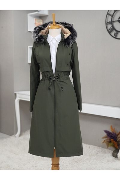 Modamorfo Langer Mantel mit Kapuze und Metallstern-Detail – Khaki