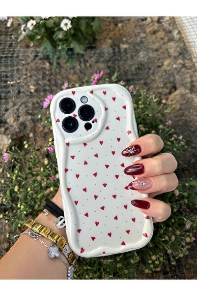 OVADA İphone 13 Pro Max Uyumlu Kamera Korumalı Küçük Kalp Desenli 3D Dalga De...