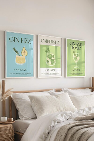 Postifull Çerçeveli Tablo Seti, 3 Adet Beyaz Çerçeve ve Kokteyl Çizim Temalı ...