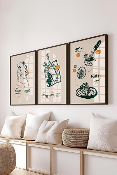 Postifull Çerçeveli Tablo Seti, 3 Adet Siyah Çerçeve ve Minimalist Yemek Tema...
