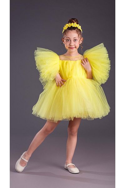 Mnk Baby&Kids Tutu Skirt Puffy Sleeves Comotini Crowned Girl's Evening Dress MNK0582 YELLOW