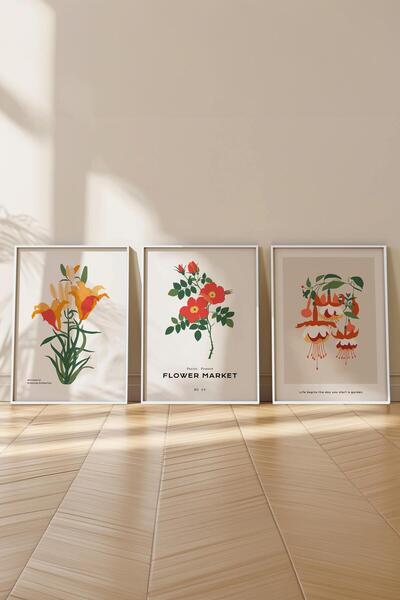 Postifull Çerçeveli Tablo Seti, 3 Adet Beyaz Çerçeve ve Minimalist Botanik Temalı Poster Seti, No:300476