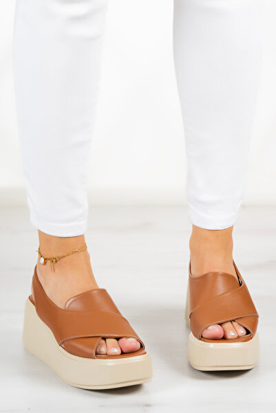 Erkan Saçmacı Olivia Tan - Genuine Leather Wedge Heeled Sandals