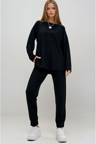 VAGGON Women's Black Crew Neck Soft Textured Modal Tracksuit with Slits on the Sides Prm1190