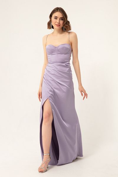 Lafaba Langes Satin-Abendkleid für Damen mit Steinriemen und Schlitz in Flieder