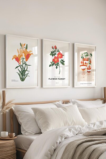 Postifull Çerçeveli Tablo Seti, 3 Adet Beyaz Çerçeve ve Minimalist Botanik Temalı Poster Seti, No:300476