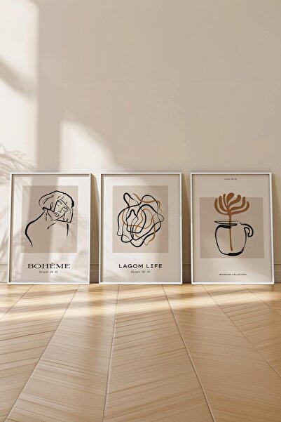 Postifull Set de pictură cu cadru, 3 bucăți de cadru alb și set de poster cu temă minimalistă cu desen manual, nr:300565