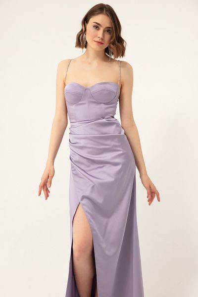 Lafaba Langes Satin-Abendkleid für Damen mit Steinriemen und Schlitz in Flieder
