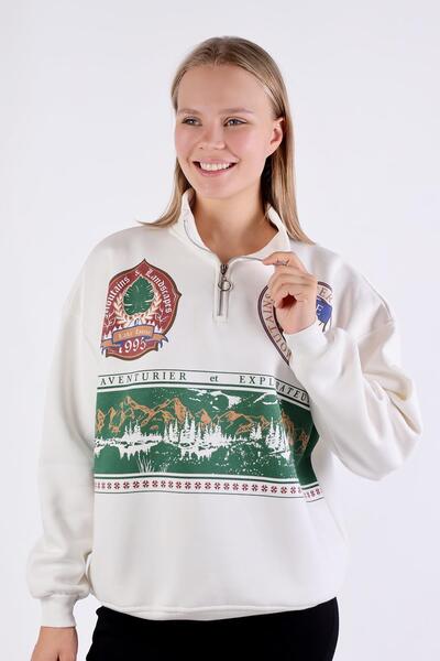 Rays 1118 Printed Zippered Sweat Ecru