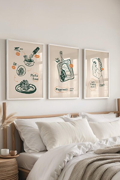 Postifull Çerçeveli Tablo Seti, 3 Adet Beyaz Çerçeve ve Minimalist Yemek Tema...