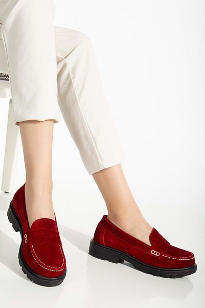 ANALİN SHOES حذاء لوفر نسائي أحمر - جلد طبيعي، نعل خفيف وأحذية مريحة