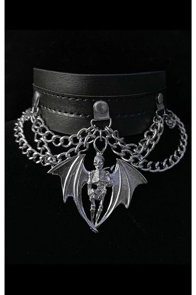 DarkellaStore Punk Leather Chain Bat Skeleton Choker Neck Collar