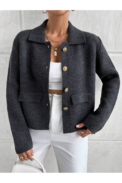 Puella Kadın Altın Düğmeli Cep Detaylı Blazer/Tüvit Crop Caket Kadın Hırka