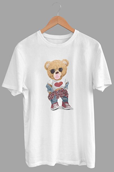 DK DAKSEL تي شيرت نسائي فضفاض أبيض كبير الحجم مطبوع عليه دمية دب