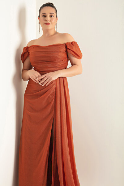 Lafaba Women's Brick Stone Boat Neck Draped Slit Long Glitter Evening Dress