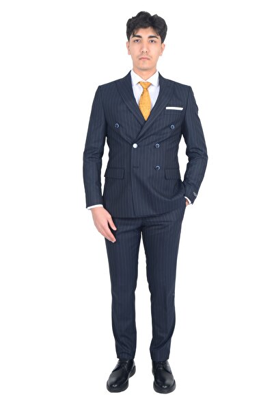 Cengiz İnler Cengiz Inler Çizgili Desen Kruvaze Erkek Takım Elbise